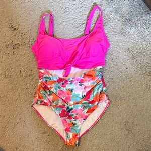 Floral Pink Women’s One Piece Bathing Suit with cut out